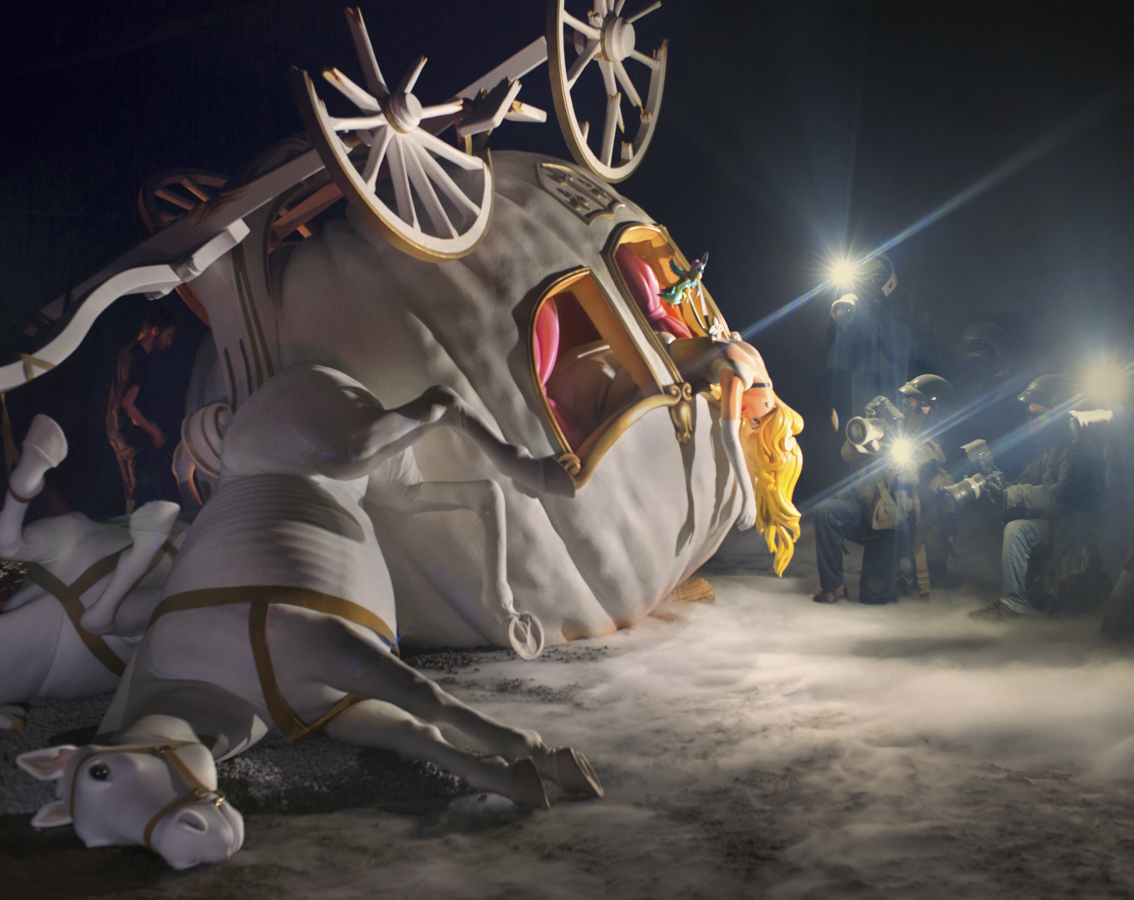 Barry Cawston's photo of Dismaland featuring a crashed princess' carriage drawn by white horses